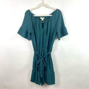 Michael Kors Off Shoulder Dress Teal Green Ruffle Sleeve/Hem Elastic Tie Waist M